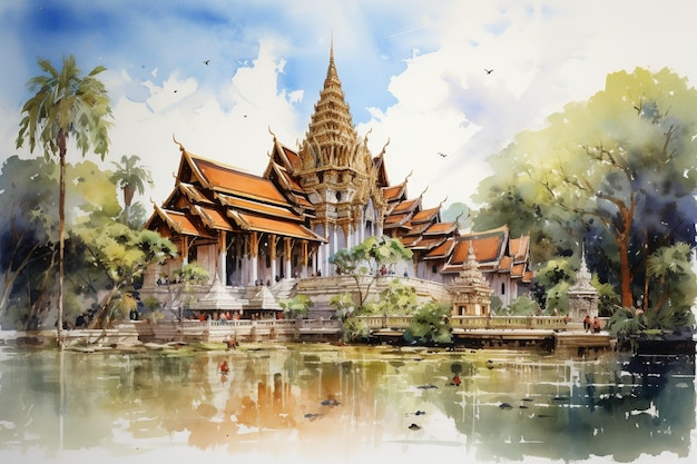 Un dipinto ad acquerello di un tempio in Thailandia