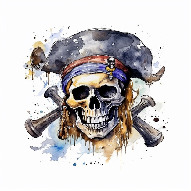 Un dipinto ad acquerello di un teschio pirata con due pistole incrociate.