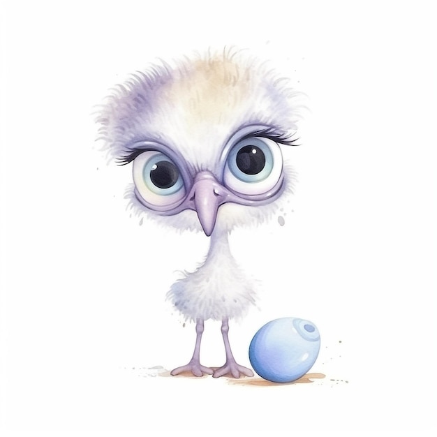 Un dipinto ad acquerello di un uccellino con un uovo blu.