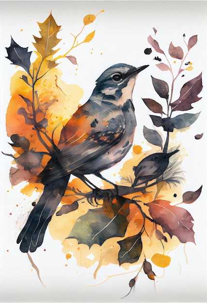 Un dipinto ad acquerello di un uccello su un ramo