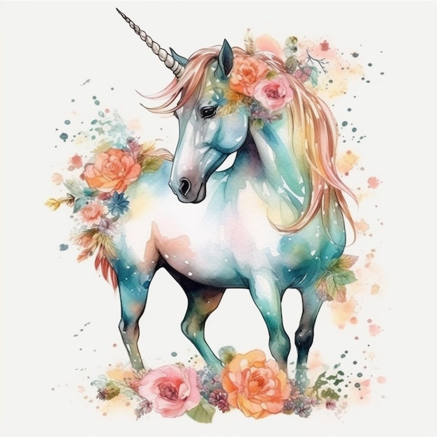 Un dipinto ad acquerello di un unicorno con fiori.