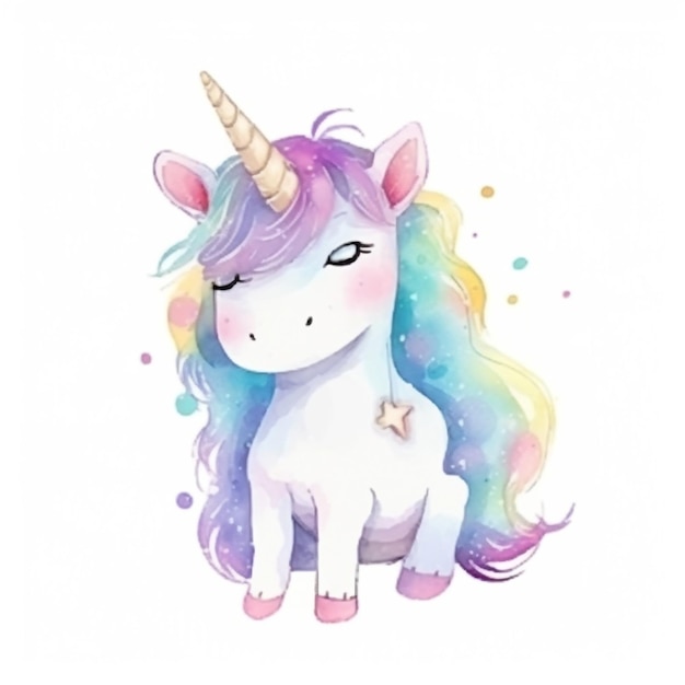 Un dipinto ad acquerello di un unicorno con i capelli arcobaleno.