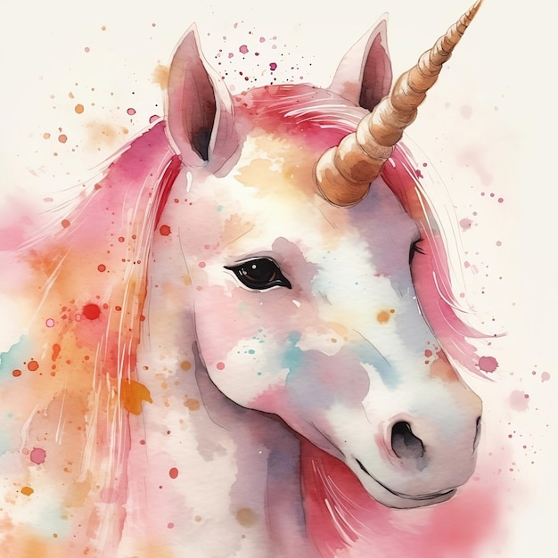 Un dipinto ad acquerello di un unicorno con un corno rosa.