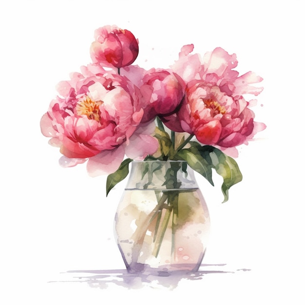 Un dipinto ad acquerello di un vaso con peonie rosa