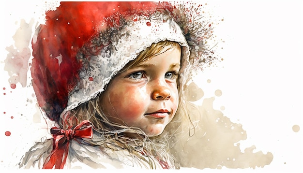 Un dipinto ad acquerello di una bambina con un cappello da Babbo Natale