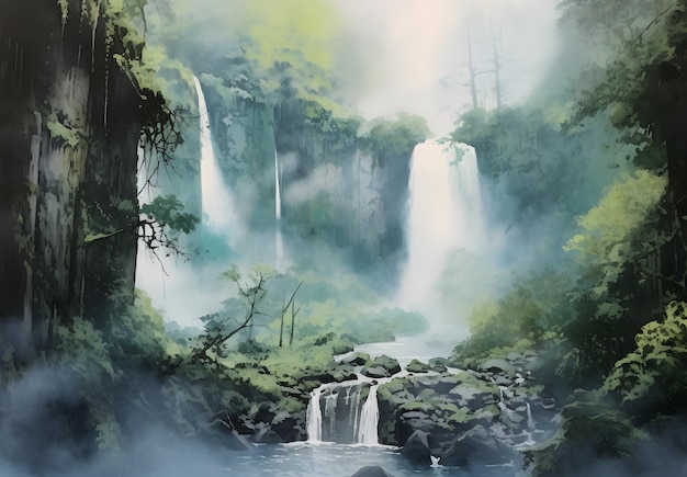 Un dipinto ad acquerello di una cascata nel bosco.