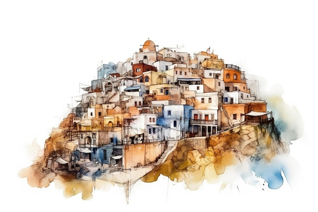 Un dipinto ad acquerello di una città su una collina Immagine di intelligenza artificiale generativa