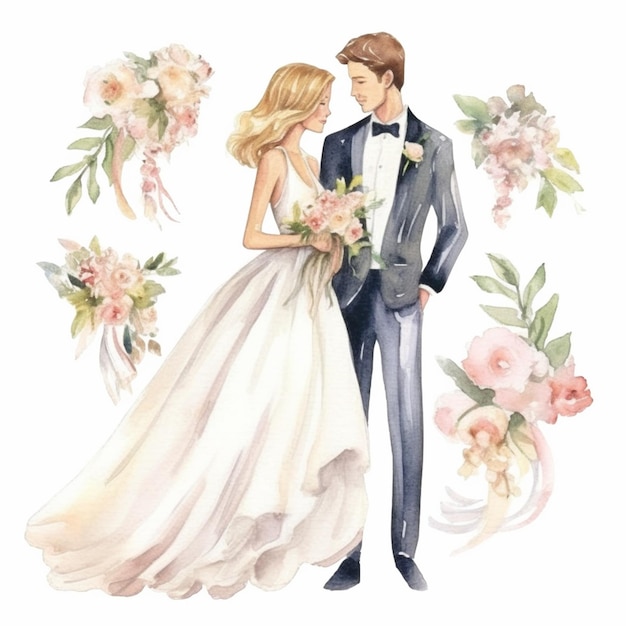Un dipinto ad acquerello di una coppia in abiti da sposa.