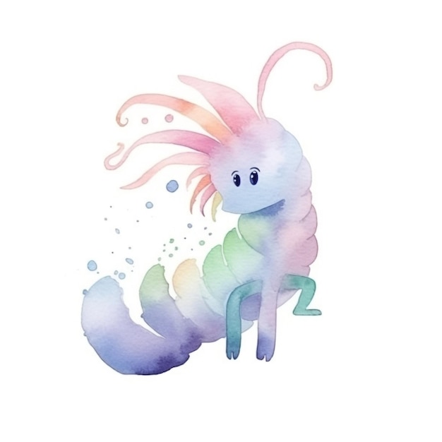 Un dipinto ad acquerello di una creatura color arcobaleno con una lunga coda e una coda.