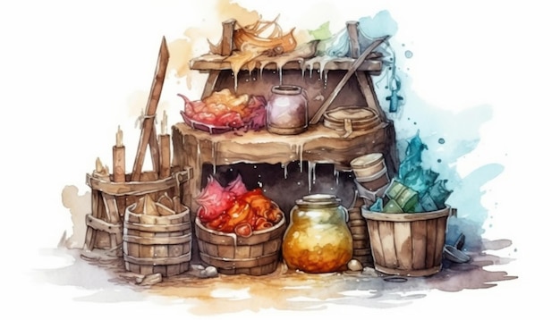 Un dipinto ad acquerello di una cucina con secchi e pentole di cibo.
