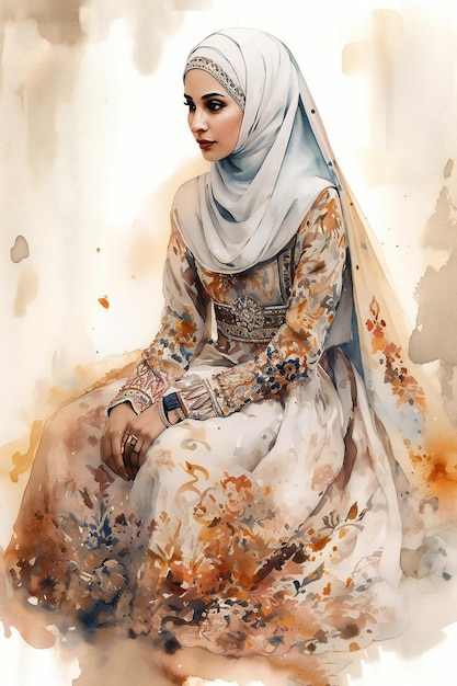 Un dipinto ad acquerello di una donna che indossa un hijab.