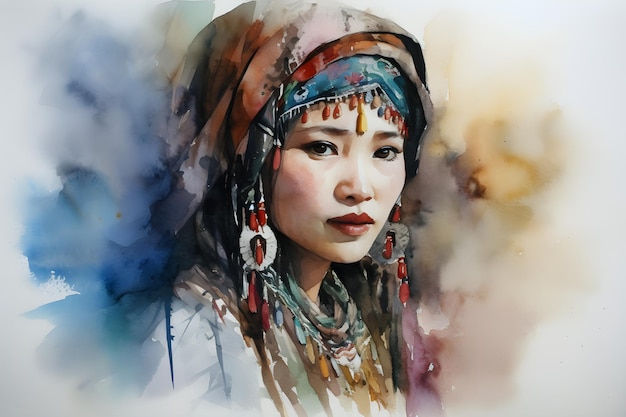 Un dipinto ad acquerello di una donna con un copricapo tradizionale.