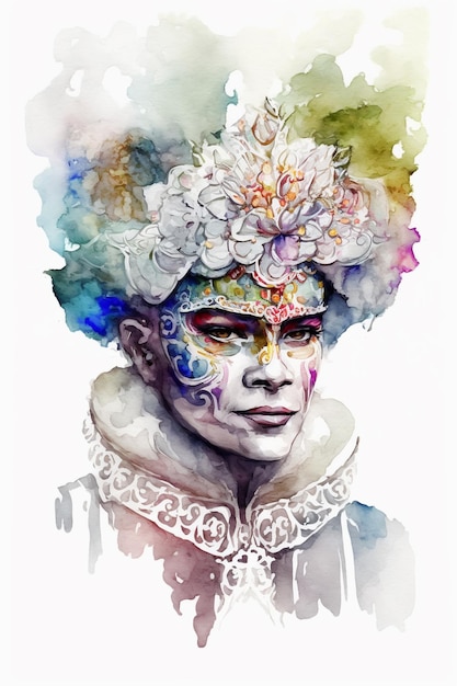 Un dipinto ad acquerello di una donna con una corona di fiori e un copricapo.