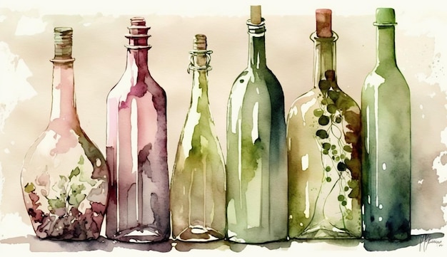 Un dipinto ad acquerello di una fila di bottiglie con colori diversi.