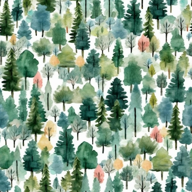 un dipinto ad acquerello di una foresta con alberi e foglie generative ai
