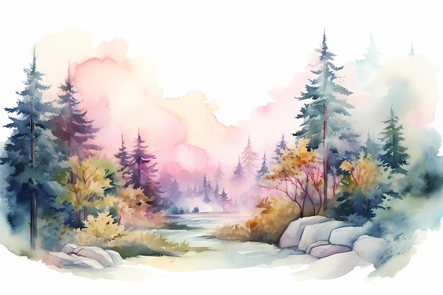 un dipinto ad acquerello di una foresta con alberi e rocce.