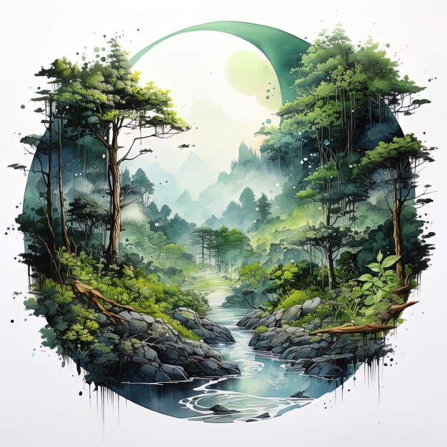 un dipinto ad acquerello di una foresta con un fiume e montagne sullo sfondo