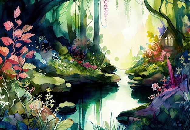 Un dipinto ad acquerello di una foresta incantata da favola con alberi e un fiume