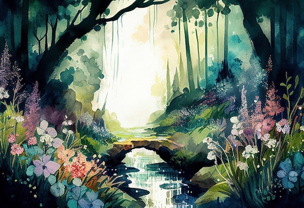 Un dipinto ad acquerello di una foresta incantata da favola con alberi e un fiume