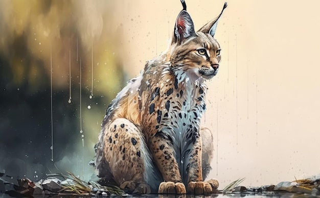 Un dipinto ad acquerello di una lince nella foresta. illustrazioni per bambini in stile cartone animato ai generate