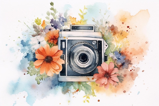Un dipinto ad acquerello di una macchina fotografica con dei fiori sopra