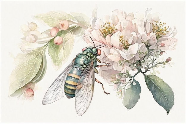 Un dipinto ad acquerello di una mosca e fiori