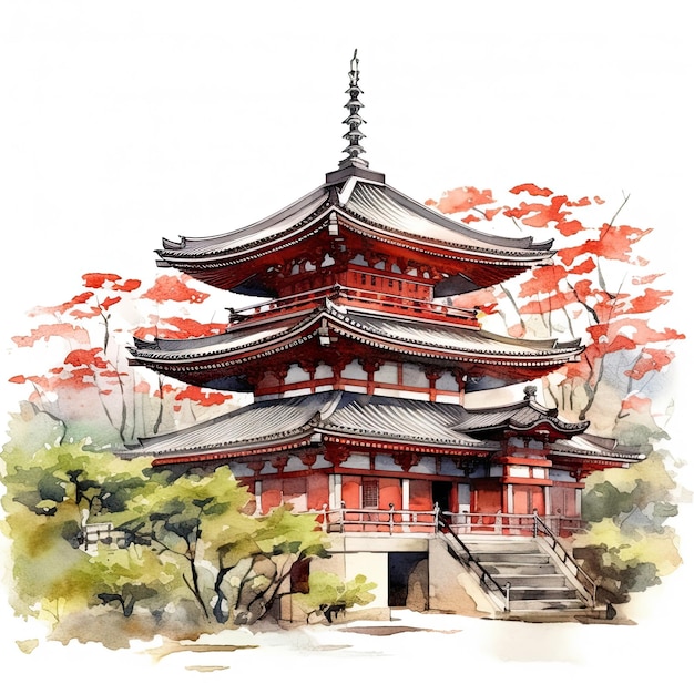 Un dipinto ad acquerello di una pagoda con una pagoda in cima.
