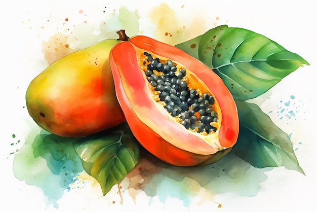 Un dipinto ad acquerello di una papaya con i semi al centro.