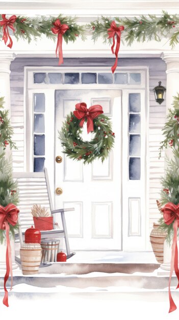 Un dipinto ad acquerello di una porta d'ingresso decorata per Natale Immagine digitale