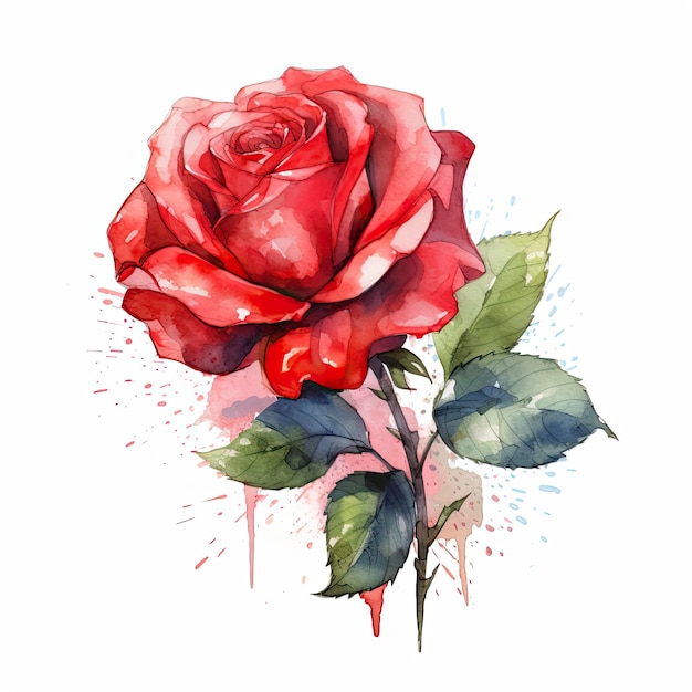 Un dipinto ad acquerello di una rosa rossa con uno sfondo blu e la parola rose su di esso.