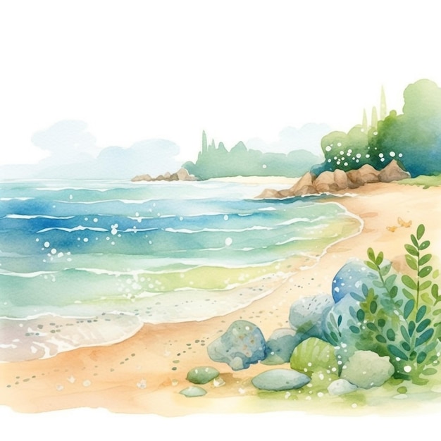 Un dipinto ad acquerello di una spiaggia con una spiaggia e alberi sullo sfondo.