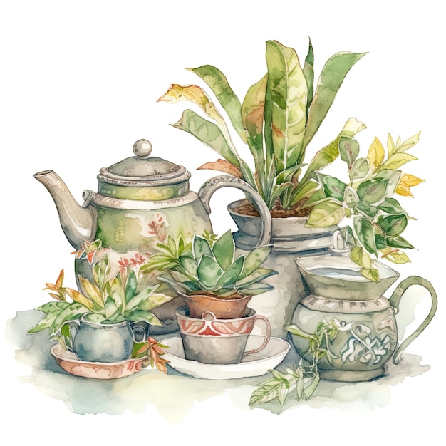 Un dipinto ad acquerello di una teiera e una tazza di tè.