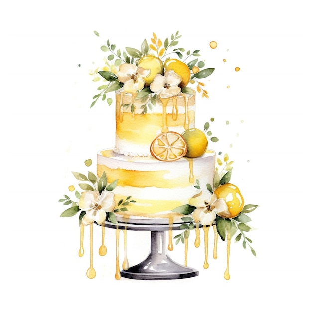 Un dipinto ad acquerello di una torta con limoni e fiori