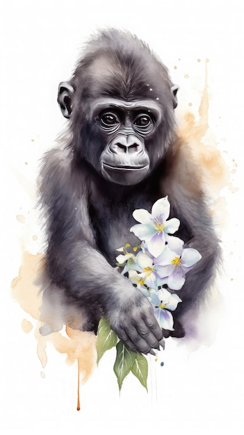 Un dipinto ad acquerello di uno scimpanzé che tiene un mazzo di fiori bianchi.