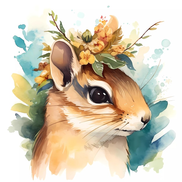 Un dipinto ad acquerello di uno scoiattolo con foglie