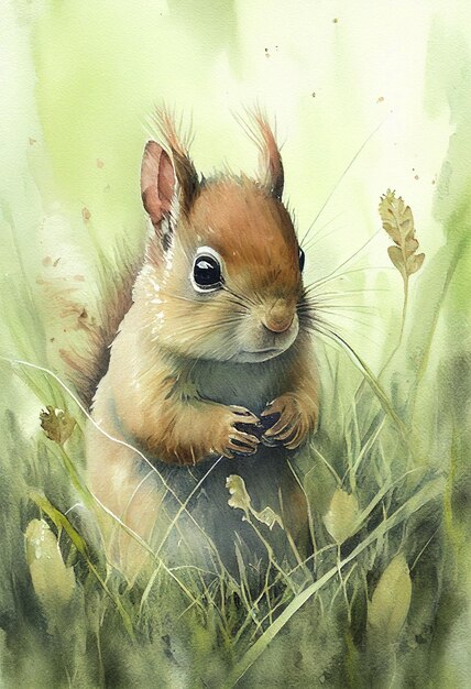 Un dipinto ad acquerello di uno scoiattolo rosso nell'erba.