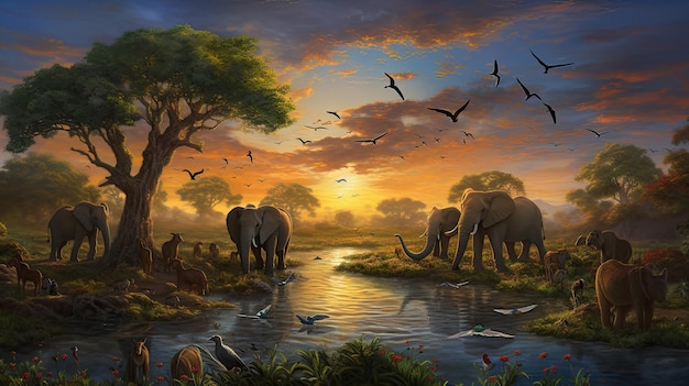 un dipinto ad olio di elefanti e uccelli che volano nel cielo.