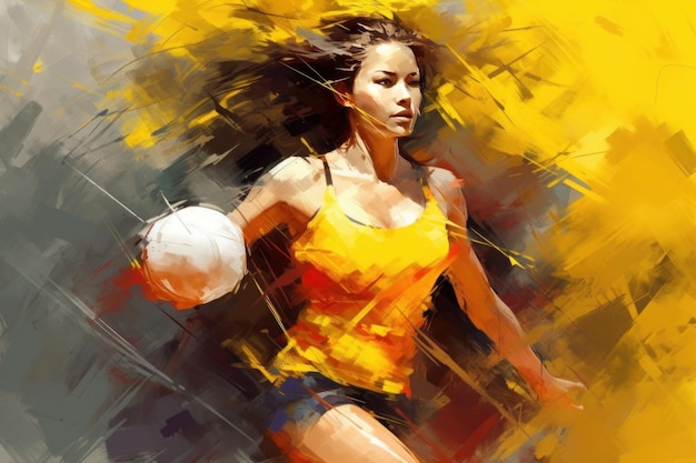 Un dipinto ad olio di un atleta di calcio con la sua palla nello stile di schizzi di colore Colori giallo scuro IA generativa