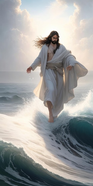 Un dipinto ad olio raffigura la scena di Gesù che cammina sull'acqua