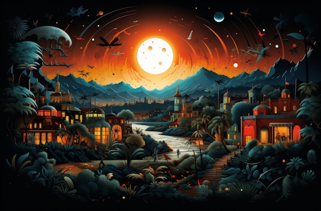 Un dipinto affascinante che mostra una serena scena notturna illuminata da una luna piena radiante