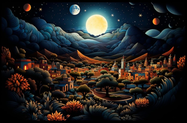 Un dipinto affascinante che mostra una serena scena notturna illuminata da una luna piena radiante