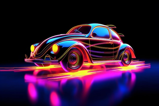 Un dipinto al neon colorato di un'auto al neon con luci al neon su di esso