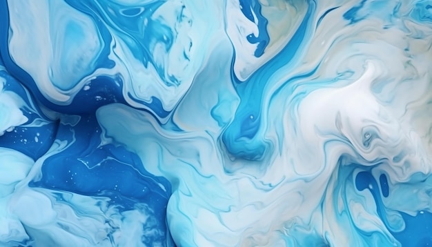Un dipinto astratto blu e bianco con uno sfondo blu