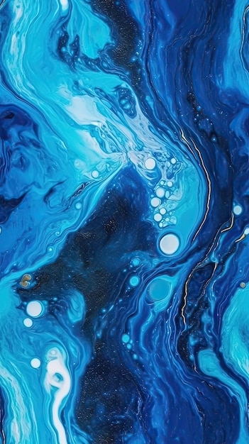 Un dipinto astratto blu e nero con uno sfondo blu.