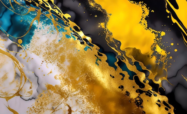 Un dipinto astratto colorato con sfondo nero e colori giallo e blu.