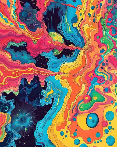 Un dipinto astratto con colori colorati e bolle