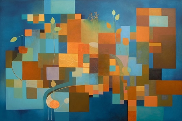 Un dipinto astratto con sfondo blu e quadrati arancioni.