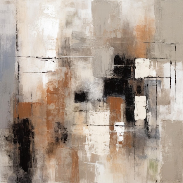 Un dipinto astratto con uno sfondo marrone e marrone chiaro e quadrati bianchi e neri.