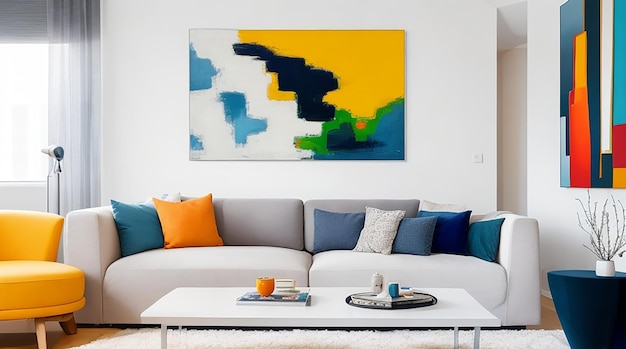 Un dipinto astratto dai colori vivaci è appeso sopra un divano in soggiorno