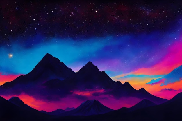 Un dipinto astratto di un cielo notturno stellato con la silhouette di una catena montuosa generata da Ai